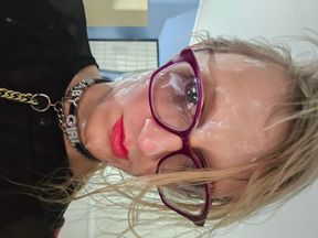 Trans cumslut plays with fresh facial followed by self-facial