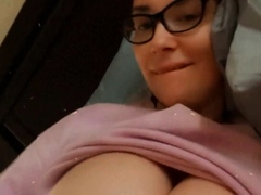 Busty curly brunette with big boobs fucks on couch