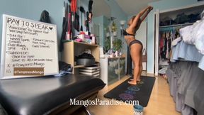 Temptress Mango Yoga Stretching in a Latex Bra and Mesh Panties