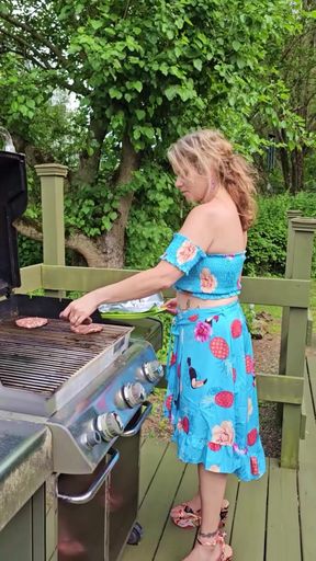 OnlyFans Voyeur look at MOMMY Enjoying the Summer Barbecuing Meat with her BIG TITS Out in the Sunshine