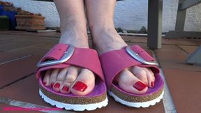 Toe fetish - wiggling my toes in pink Birki slippers Part 6 Outdoors