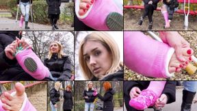 Sofi SLWC Crutching and Gimping in the Park with Foot Massage with and without Cast Sock