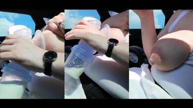 Pumping my big milk tits empty in the car