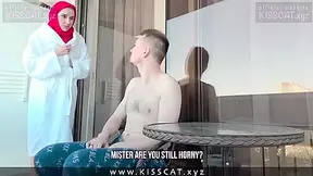 Muslim Husband In Shower, And She Cheating On Balcony With Stranger With Kiss Cat