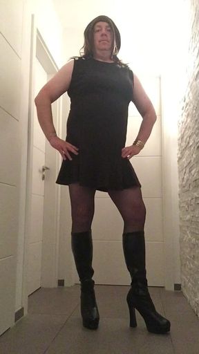 Nicki-Crossdress in a black Dress, black Stockings &amp; High-Heel-Boots