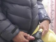 Shooting cum under the hood of my down jacket