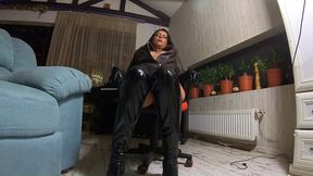 leather-clad milf masturbates in office chair & cums hard 292