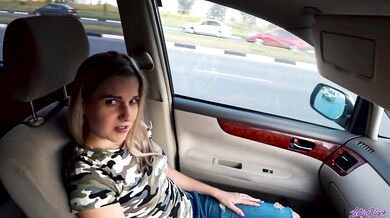 Blonde babe hums to sound controlled vibrator in public