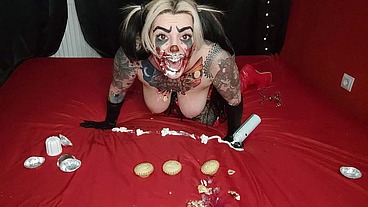 Insane Pennywise's sister rubs cupcakes all over her body. Crazy clown wants to fuck you with a strap-on.