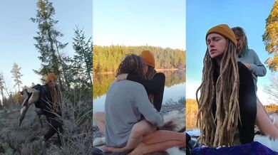 Sex on a reindeer skin next to a forest lake - RosenlundX - Vertical 60fps