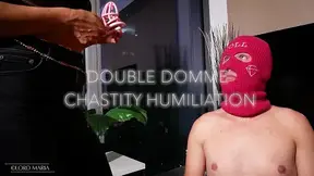 Double Domme Chastity Humiliation: Lord Maria and Goddess Val control this sub's cock in this femdom chastity scene