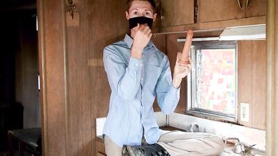 Skinny gay chap is having some fun inside his trailer