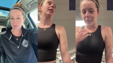 Leggings squish as she trembles grinding on the stairmaster