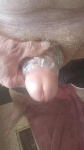 My ginger red cock sliding in and out of my masturbarion sleeve till I orgasm and cum drips all out my hard cock