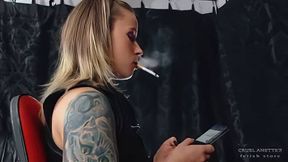 Slut smoking in the officechair