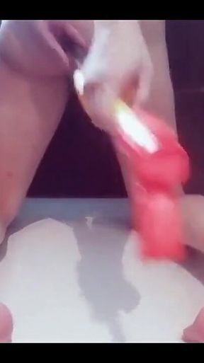 Bouncing on Plunger and 40 Cm Watergun with Big Cock Girl Lina!