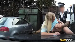 Horny blonde milf swallows police cock while pretending to be a cop.