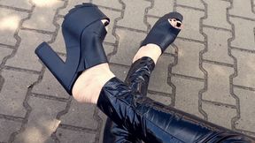 platform mules and latex leggings