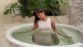 Relaxing hot shower in my stepdad's jacuzzi, I let my white dress get wet and then I masturbate with my pink vibrator