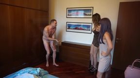 Two crazy femdom girls kicking his cock and balls hard