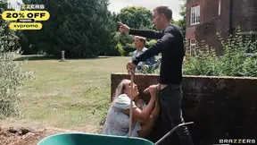 Blonde bombshell Quincy rides and gets pounded in the summer sun