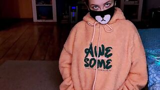 adorable cunt with mouth inside a fluffy hoodie