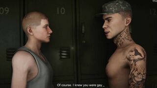 Get ready for some intense dick sucking action with our horny mate in the barracks - we'll jerk him off while he fucks our brains out!