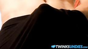 ”Skinny young twink jerks off his prick & cums in undies”