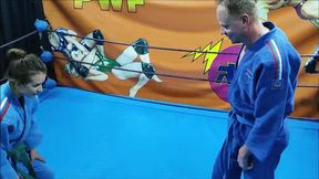 Long mixed wrestling match with a judo girl