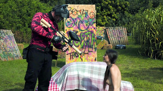 Angelina Diamanti is sucking paintball player's cock