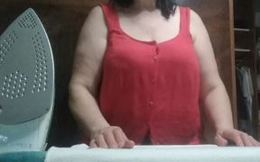 Stepmom, 57 Years Old, with Big Natural Tits, Irons Clothes and Has a Secret Video Call with Her Stepson