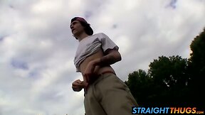 Twink Sean gets horny and wanks long cock outdoors