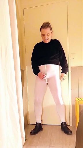 Cock Stroking and Anal Play in White Open Pantyhos
