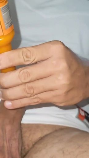 Straight Stepdaddy Filling His Dick with Hot Sauce.