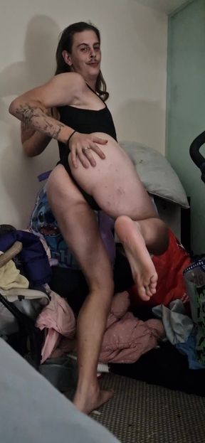 Amateur homemade solo shemale posing in a body suit then stripping off to start getting nasty...