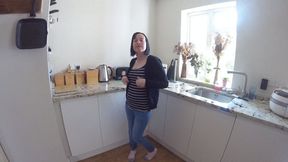 skinny wife strips off in underwear in the Kitchen