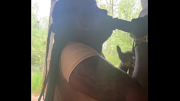 Thick ebony drains BBC while parents inside