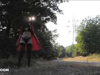 Public flashing, hotwife Ella lets her costume fall off when a car drives by - EllaExhib