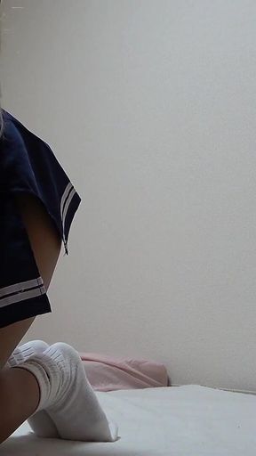 Busty Tanned Japanese Surfer Girl in Braless Student Uniform, Mini Skirt, Wedgie Thong Panties, Socks, Sexy Apartment Cleaning