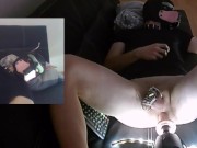 Puppy plays with his new fuck machine while locked in chastity cage