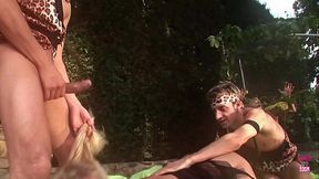 A stunning bee was watching how two jungle guys drill a sexy princess of darkness