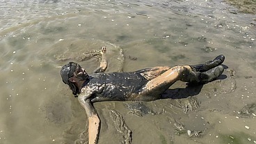 Estuary Mud Girl Playing in the Nude (WAM, Wet and Messy)