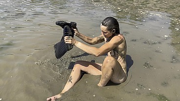 Estuary Mud Girl Playing in the Nude (WAM, Wet and Messy)