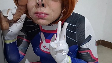 Extended Cut: Trans girl with Dva Cosplay and BDSM Nosehook Giving a Blowjob, Eating Cum and Deepthroat to Big Dildo