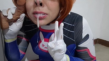 Extended Cut: Trans girl with Dva Cosplay and BDSM Nosehook Giving a Blowjob, Eating Cum and Deepthroat to Big Dildo