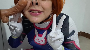 Extended Cut: Trans girl with Dva Cosplay and BDSM Nosehook Giving a Blowjob, Eating Cum and Deepthroat to Big Dildo