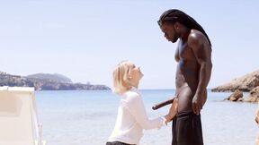 Stunning Tiny Blonde Emily hops on monster big black dick