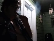 fat ftm smokes and eats outside