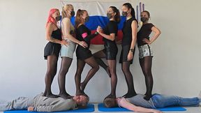 Multitrampling contest #81 (Part 1): 6 girls pantyhose trampling & painful headstanding & stomping and running on men