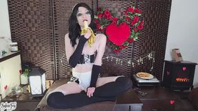 Maid Girl with Clamps Sucks Bananas
